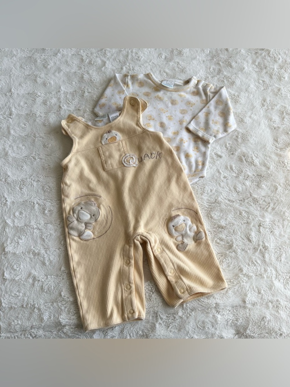 Vintage Koala Baby One Piece Overalls Outfit 6/9 Months Yellow Duck Snap Bird